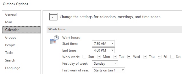 Outlook calendar settings for working hours