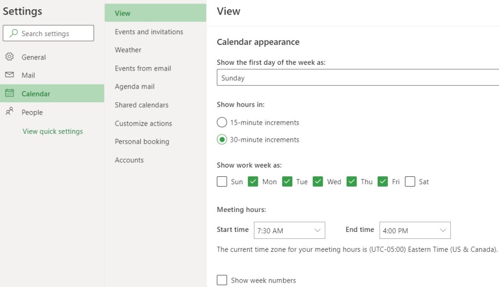 Outlook on the Web calendar settings for meeting hours